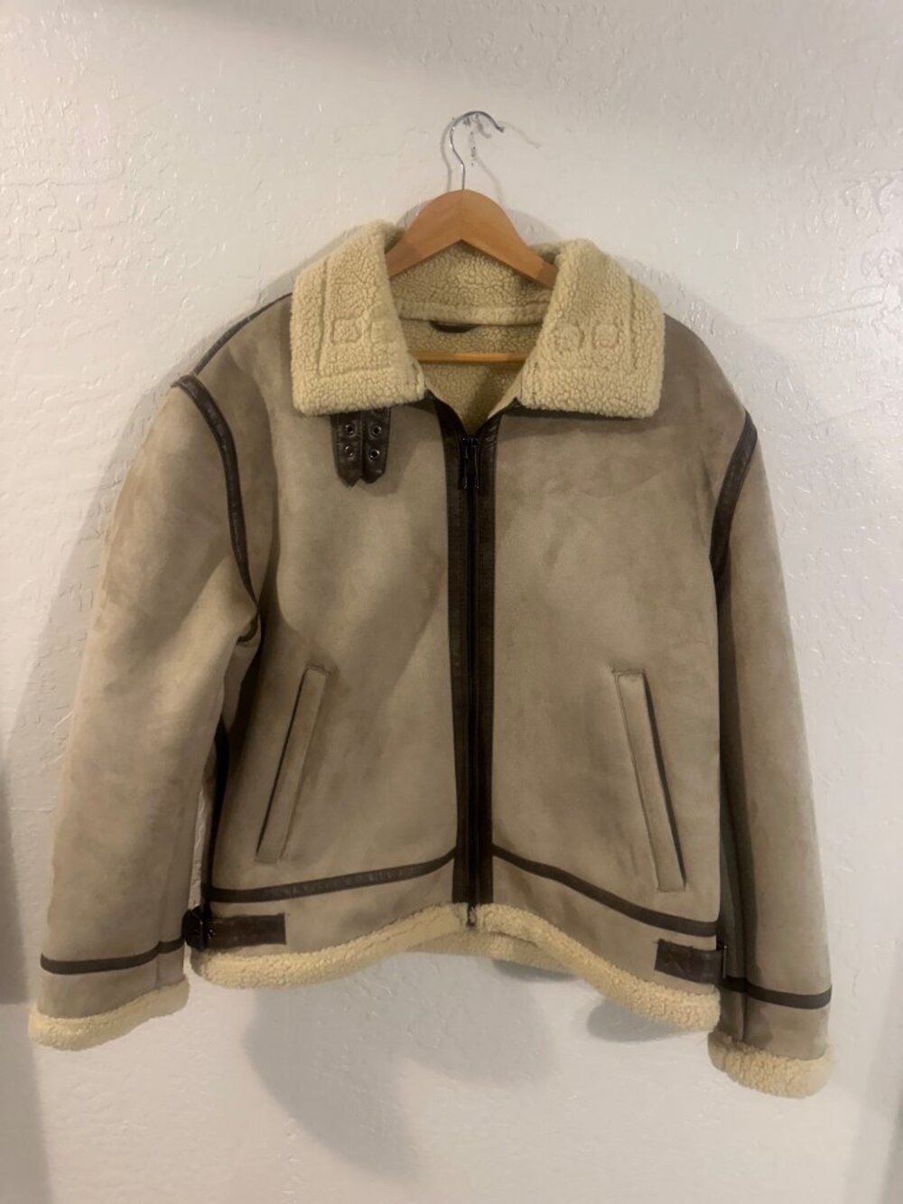 Zara Faux Shearling Tan & Brown Piped Winter Fall Aviator Jacket